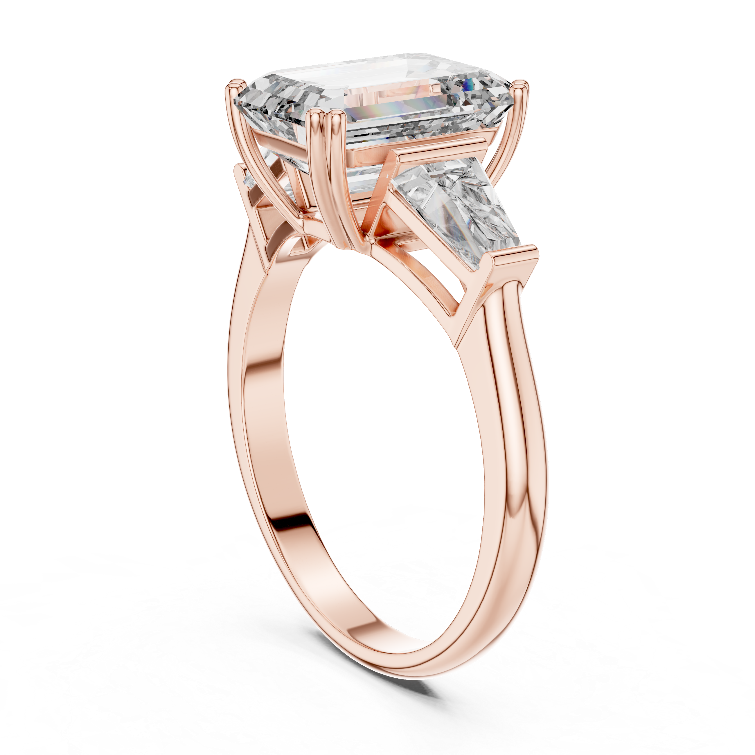 Rose gold ring with a large diamond and smaller diamonds on a white background